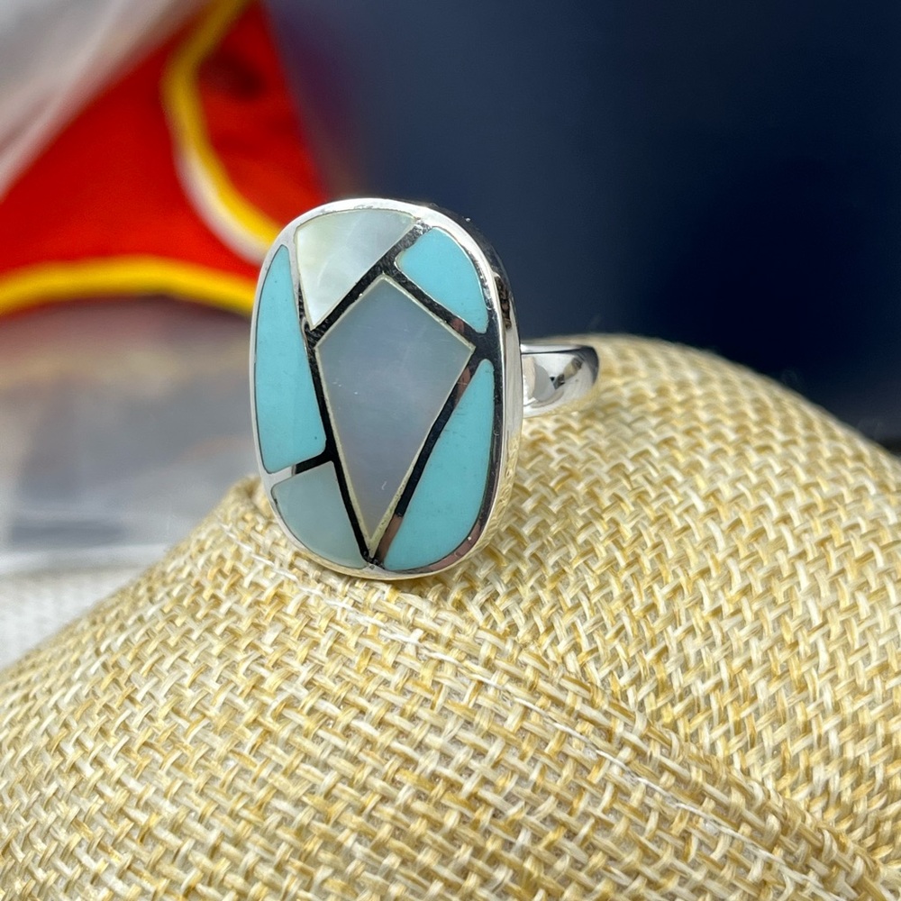 Vintage Thai 925 Sterling Silver Natural Turquoise MOP Inlay Ring Size 6 - Picture 9 of 16